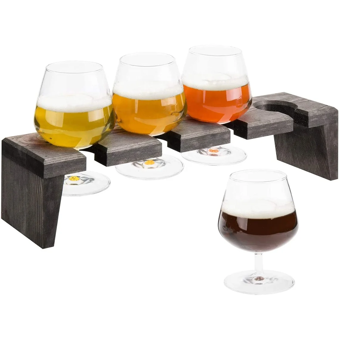 Rustic Wood Beer Flight Liquor Tasting Set with 4 Snifter Style Drinking Glasses and Vintage Gray Serving Tray