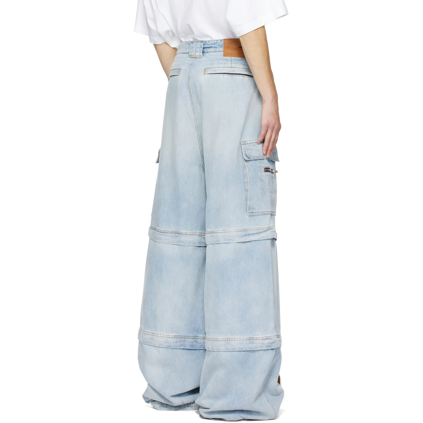 OEM Custom Logo Low Moq Streetwear Light Blue Plain Wide Leg Pants Washed Zip Off Baggy Jeans Men