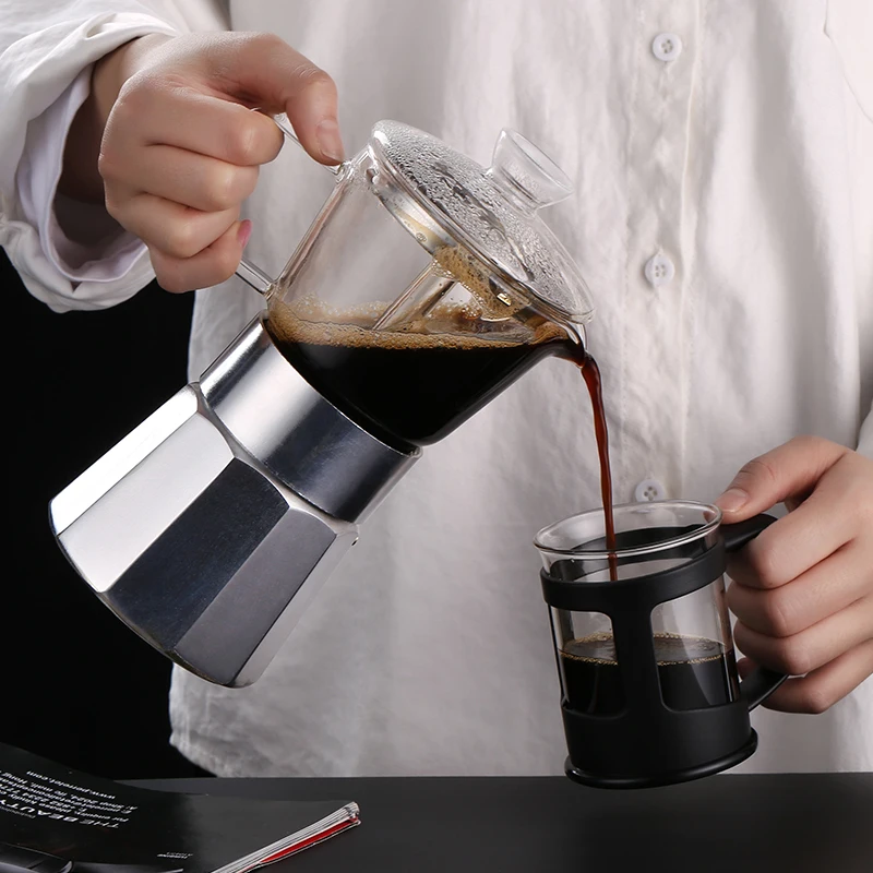 Household 240ml Moka Pot Aluminum High Borosilicate Glass Percolator Espresso Coffee Maker With Lid