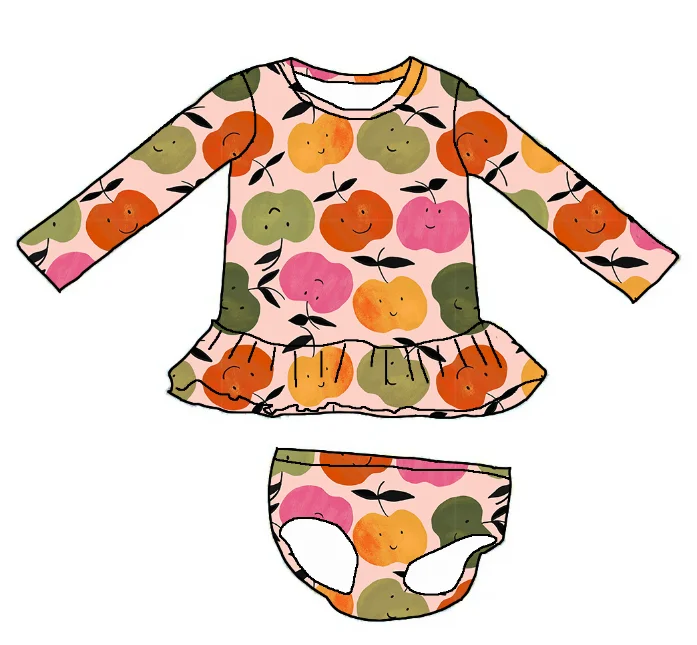 children high quality swimsuit baby apple printed back cross double bow swimsuit large open back lace romper