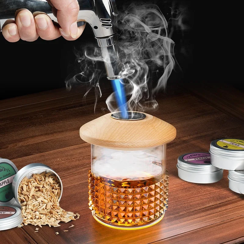 Old Fashioned Whiskey Smoker Kit,Bourbon Smoker Cocktail Smoker Kit with Torch Including Six Wood Chips and One Ice Ball Mold