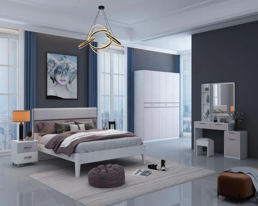 Luxury furniture 2023 purple wardrobe bedroom furniture manufacturing wooden king size bed double bed