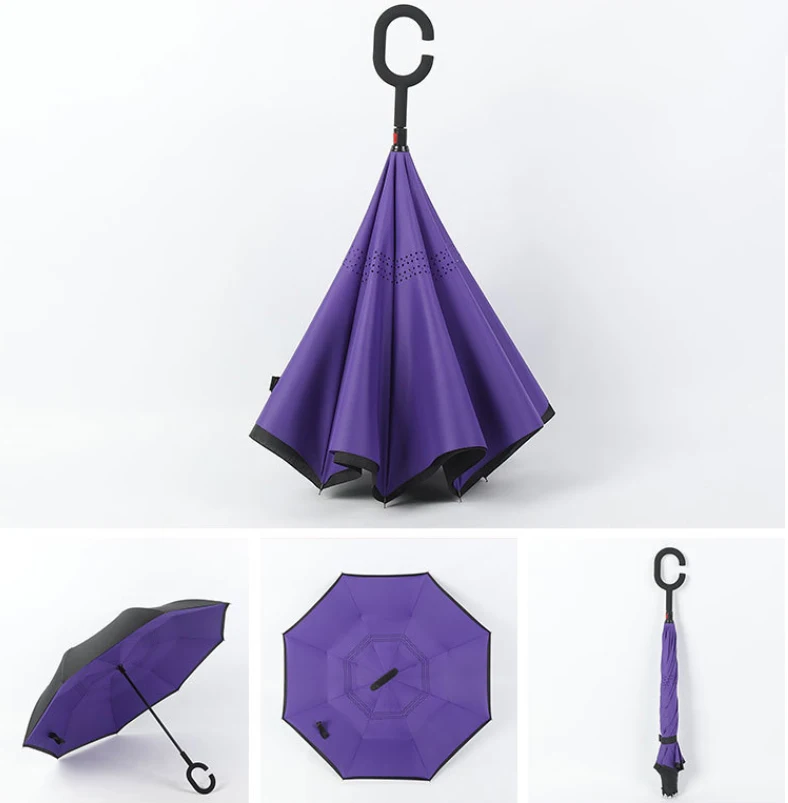 Customized Logo Creative Double Layer C Shaped Hand Free Reverse Umbrellas