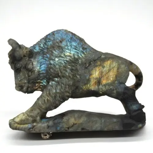 Wholesale Natural Labradorite crystal carving Buffalo Statue