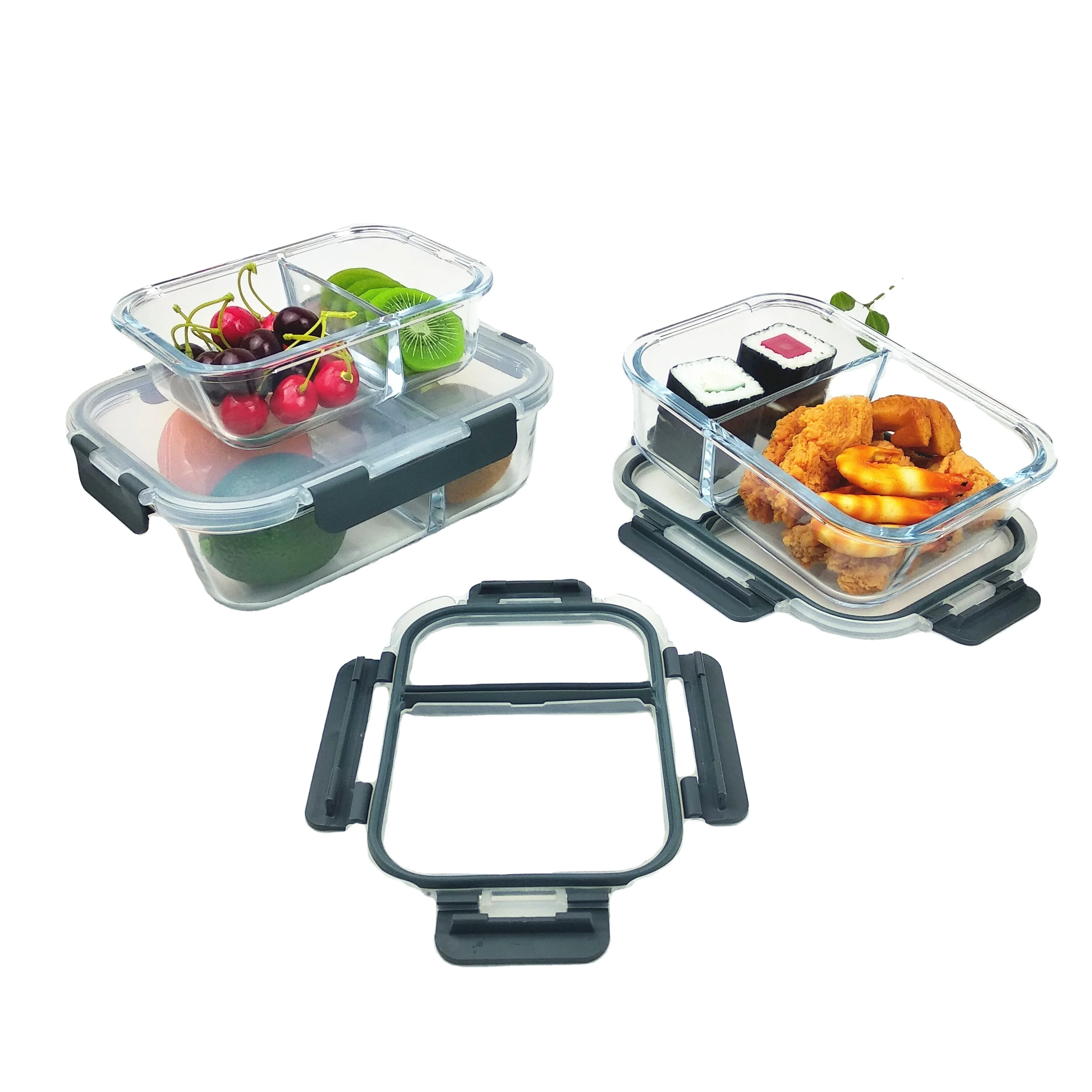 2023 Hot Sale 1040ml Large Capacity rectangle Glass Food Container Oven Safe Bento Lunch Box  With Two Full Compartments