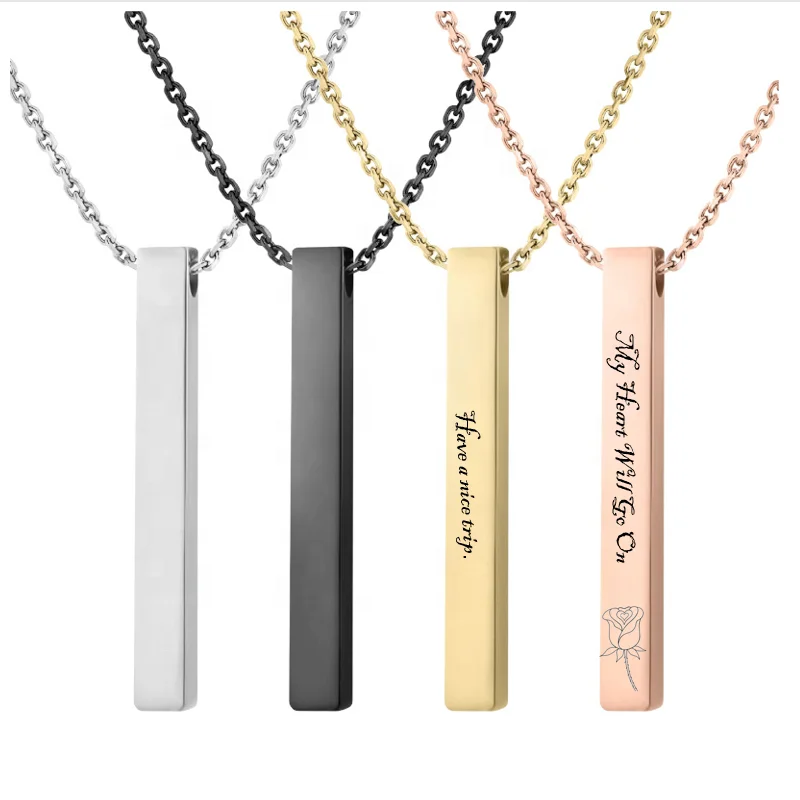 Engraving 3D Bar Name Necklace Personalized Text Message Cool Simple Design Women  or man Pendant  necklace