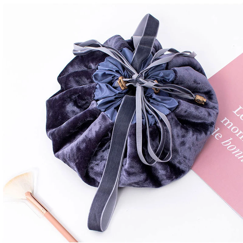 Fabric Cosmetic Storage Bag Customized Lay Flat Makeup Pouch Lazy Drawstring Makeup Bag Wholesale Soft Flannel for Women OEM