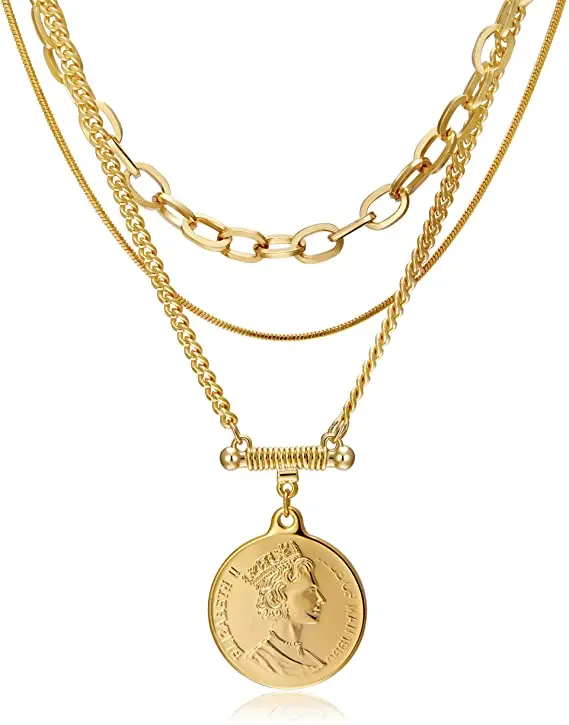 Многослойное ожерелье для женщин, 18K позолоченное, многослойное ожерелье с медальоном для монет, ожерелье с подвеской, многослойная цепочка, набор для женщин (1600187394795)