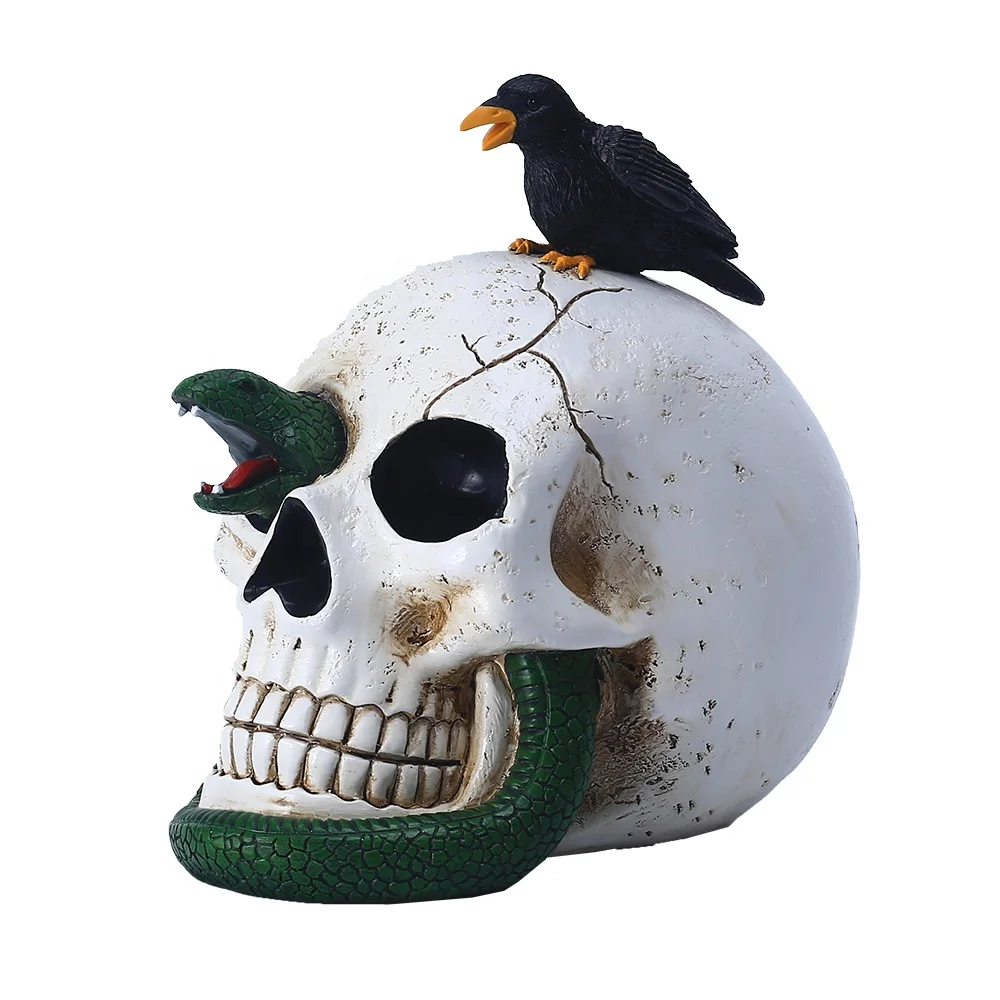 7.4inch White Skull Statue Resin Skull Sculpture Decoration White Skull Snake And Crow Figurine Halloween Gift
