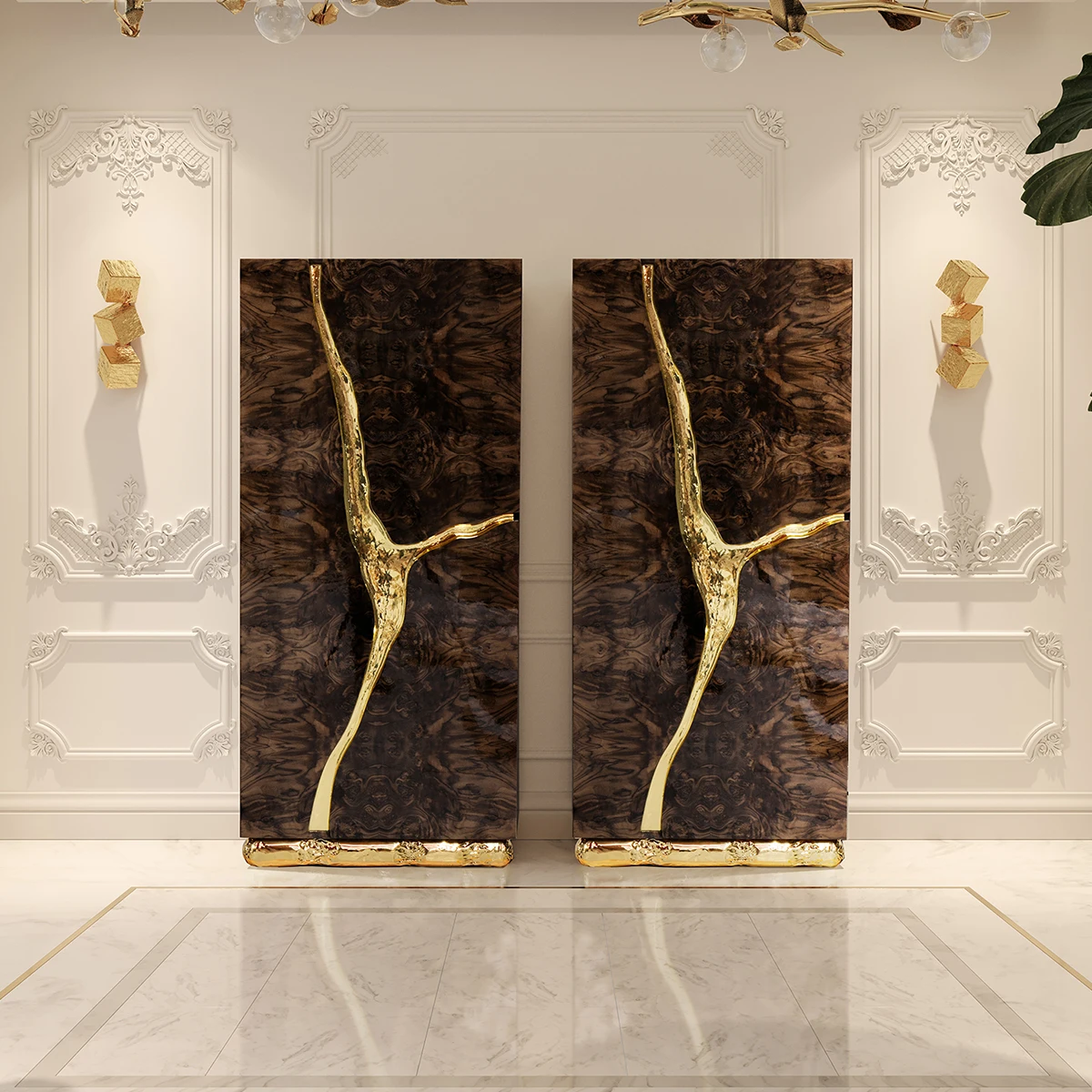 Contemporary Karst-Inspired Cabinet - Walnut Veneer, Polished Brass, Poplar Root Interior