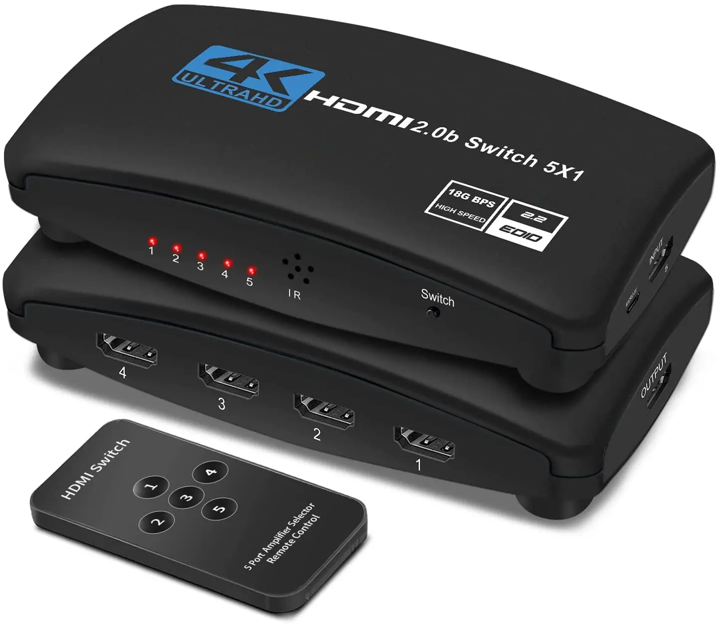 4K HDMI Switch 5port 5 in 1 out HDMI2.0b Switcher 5x1 Box Supports 4k 60HZ RGB with IR Remote