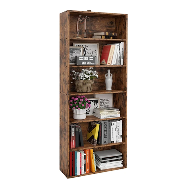 Six story simple standing oak bookshelf wooden storage rack for schoolroom