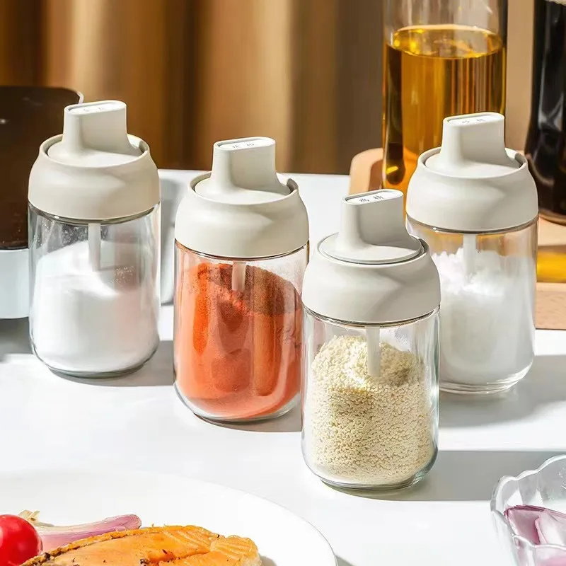 2 Pack Stylish Simple Condiment Canisters Set Seasoning Glass Container Box with Spoon Kitchen cafe Salt Sugar Pepper Storing
