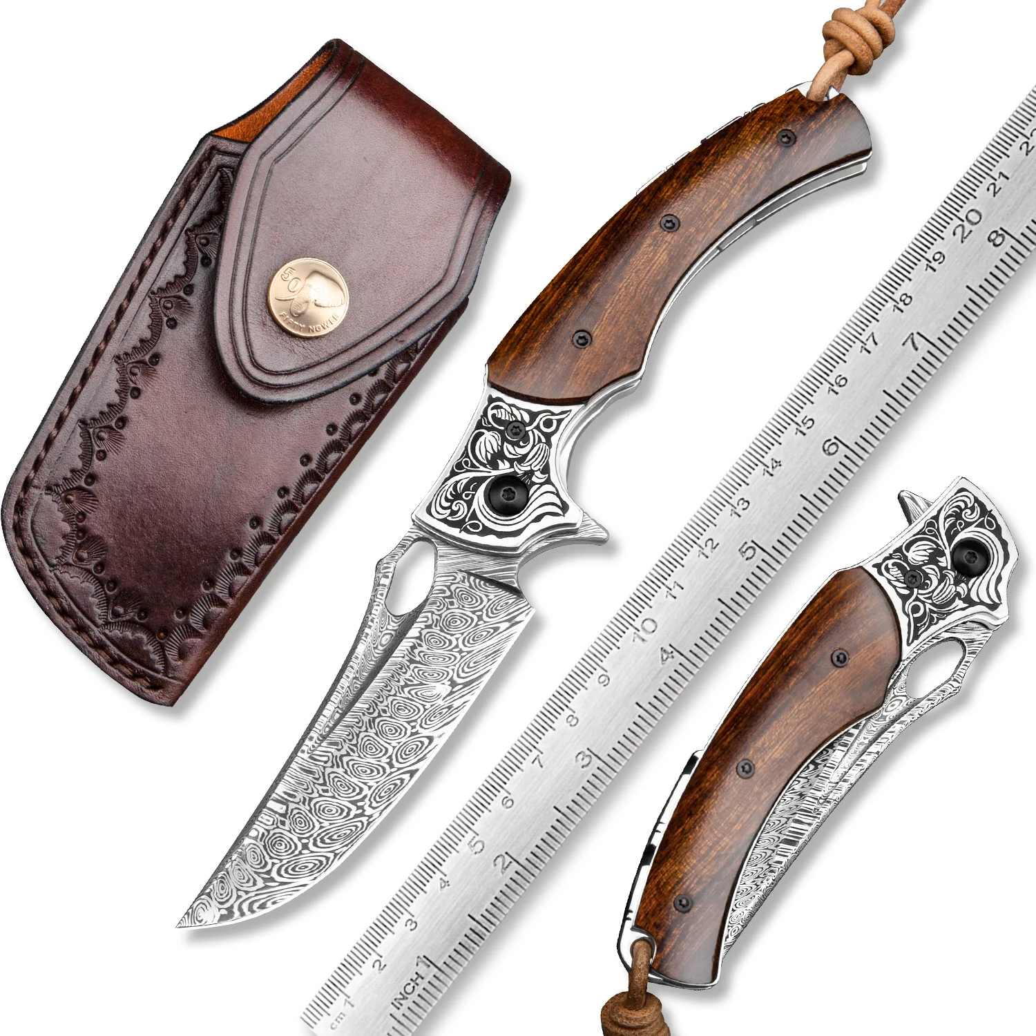 Sweden Powder Damascus Steel Blade Ebony Handle Knives for Outdoor Survival Camping Hunting Folding Pocket Knife with Sheath