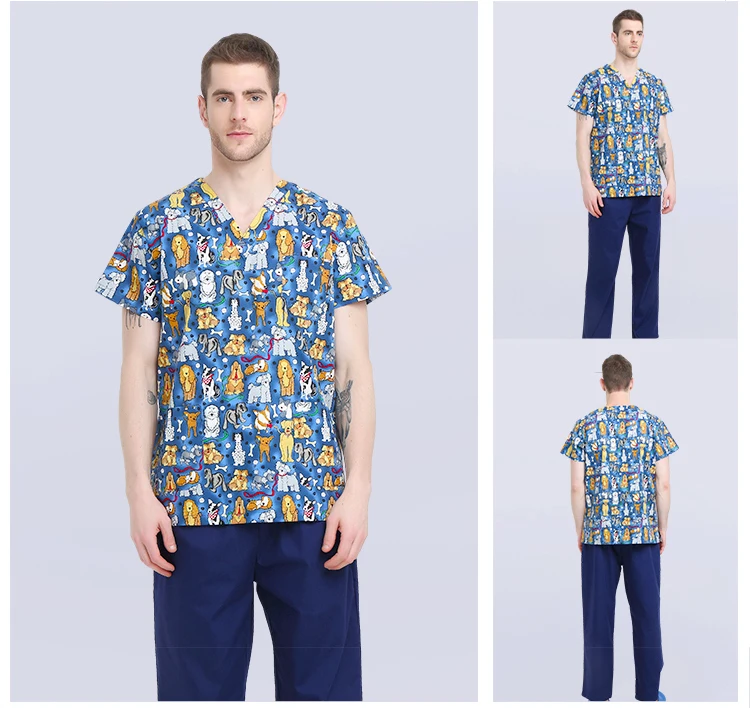 China Custom Summer Hospital medical scrubs nursing uniforms printed top and pants for unisex
