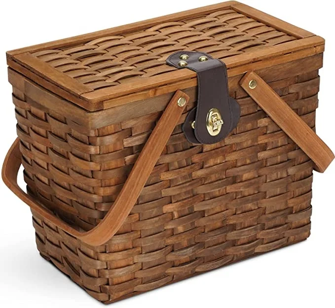 Woodchip Picnic Basket, Natural Handmade Woven Basket with Lid& Double Folding Handles, Wicker Basket & Storage Easter Basket