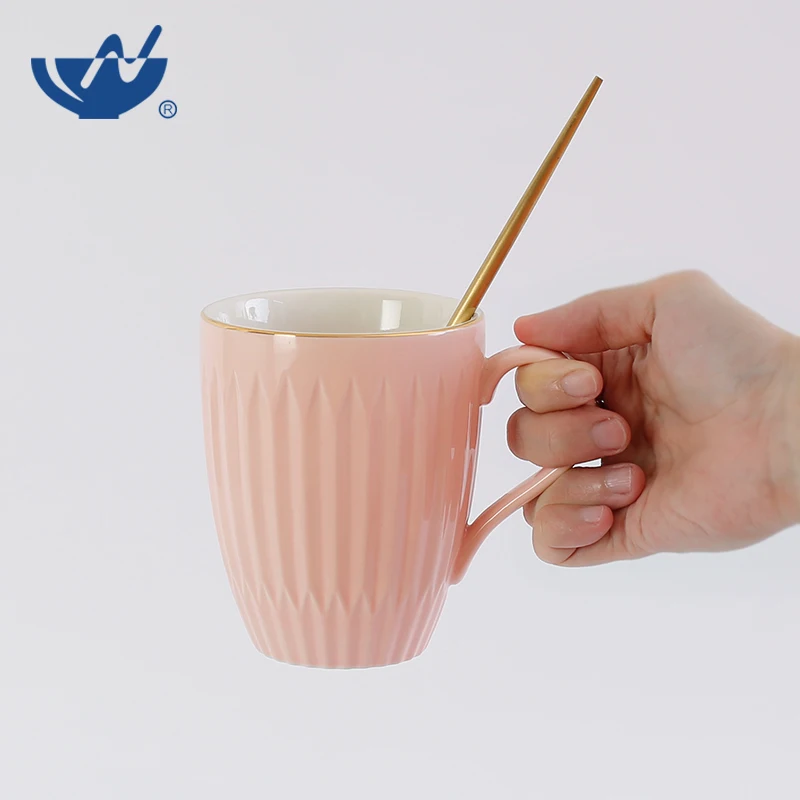 Wholesale Chaozhou New Bone China Pink Color Porcelain Coffee Cup Embossed Customised Ceramic Mug