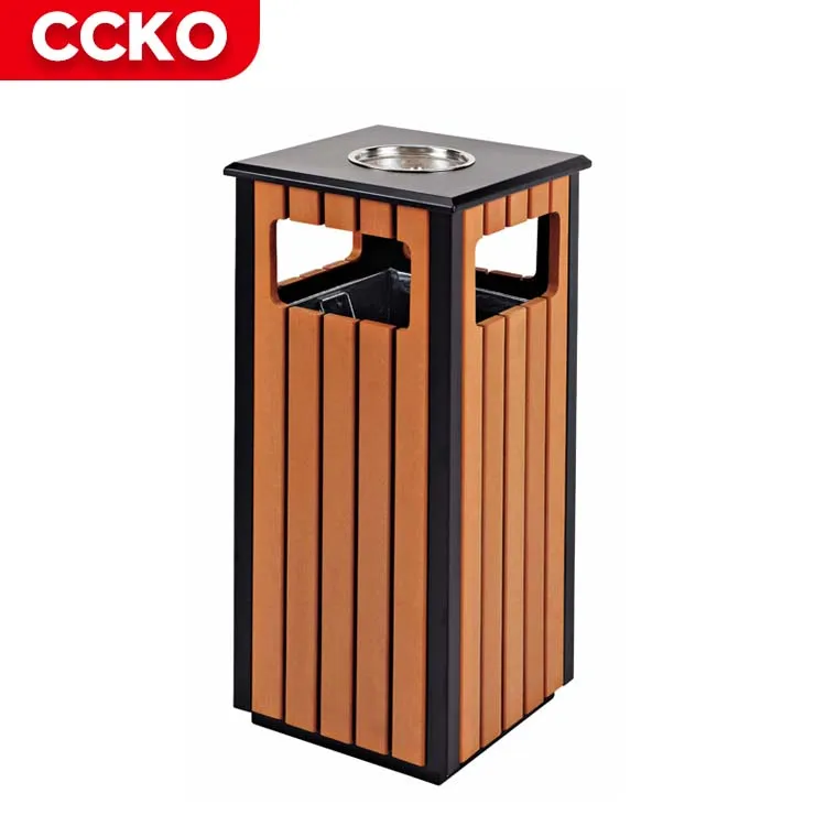 Brown Baking Paint Wood Grain Parks Streets Backyard Patio Garbage Bin Waste Bins Garbage Can Outdoor Trash Can With Top Tray