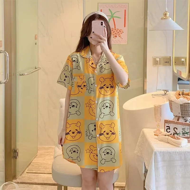 Korean Style Lovely Cartoon Printed Night Dress Short Sleeve Cotton Sleep Shirt Cozy Nightshirts Sleepwear for Girls