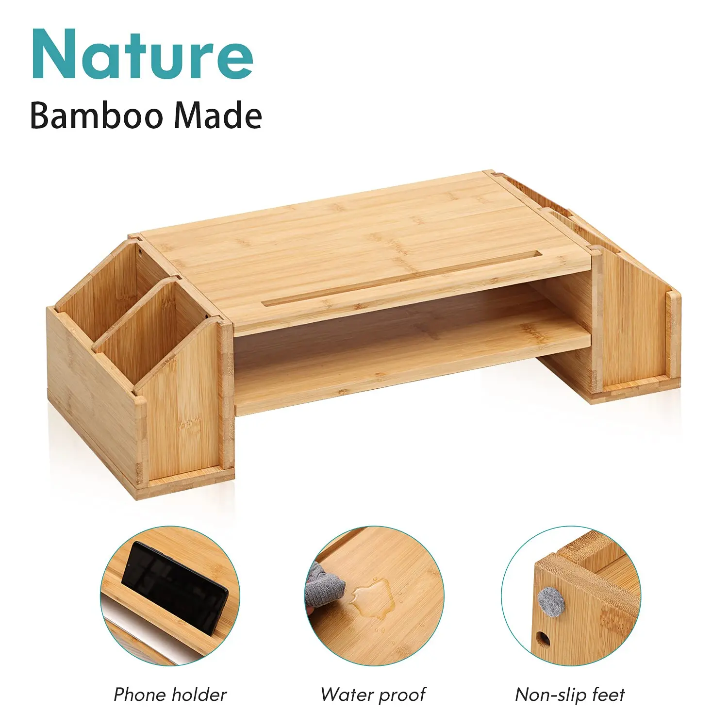 Bamboo 2-TIier Monitor Riser with Adjustable Storage Organizer Desktop Stand for Notebook