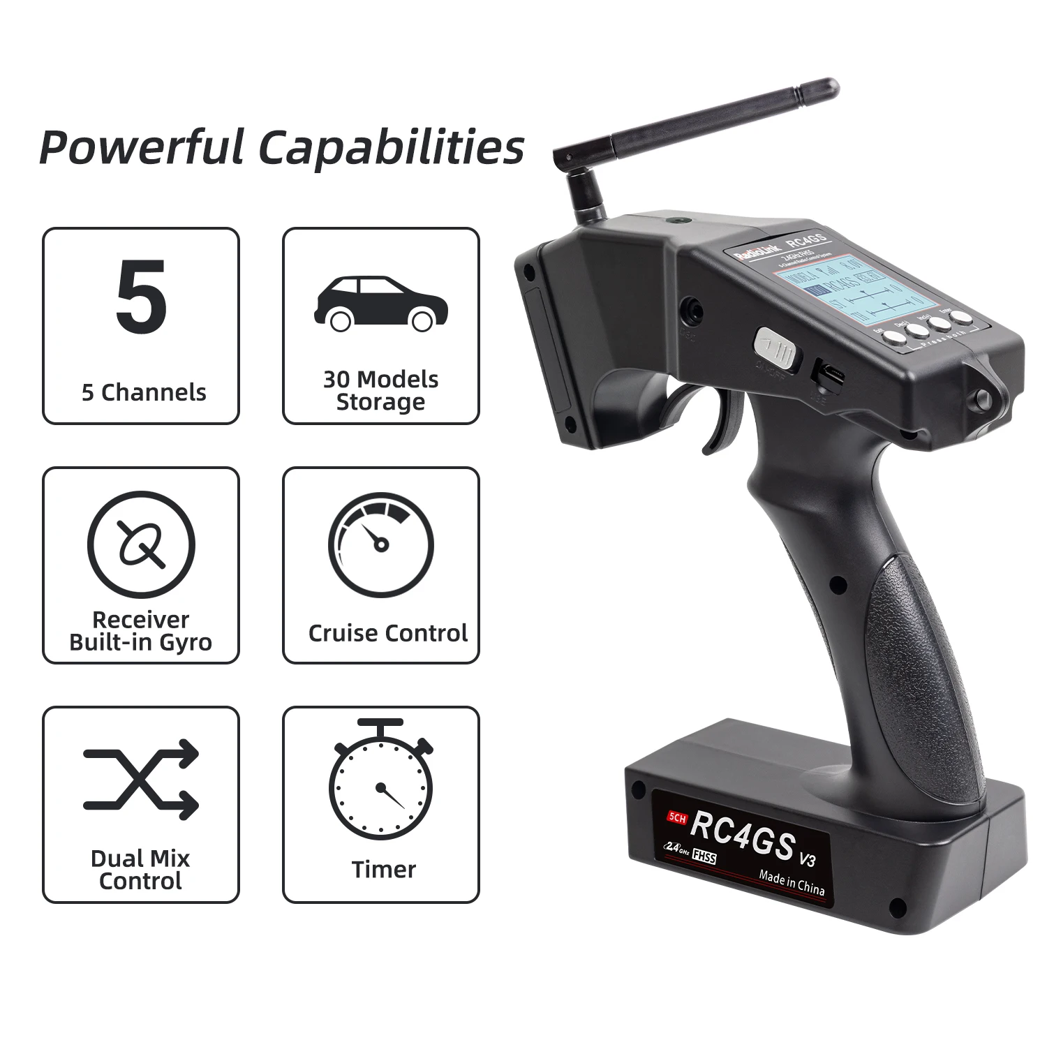 RadioLink Factory wholesales RC4GS V3 5 Channels 2.4GHz RC transmitter and receiver for 400 meters control distance for RC Car
