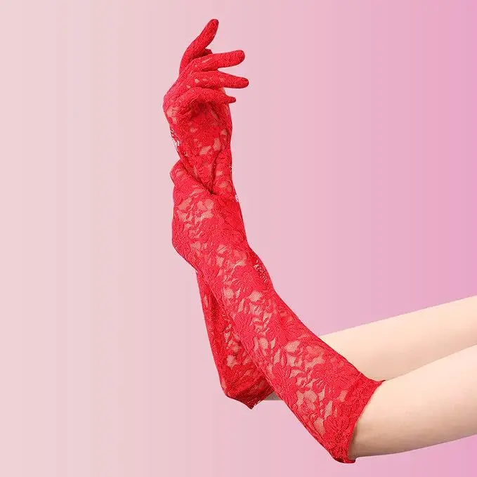 Fashion Lace Long Gloves Female Elegant Stretch Tulle Mesh Semi Sheer Women Full Finger Mittens Bride Wedding Black Gloves