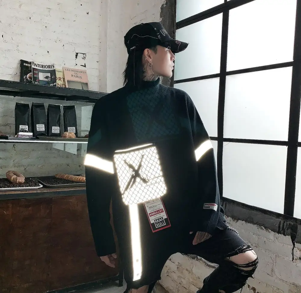 
Hot Sale Hip Hop Fashion Reflective Mens Turtleneck Sweater Pullover Sweater Mens Pullover Fashion Men Sweaters 