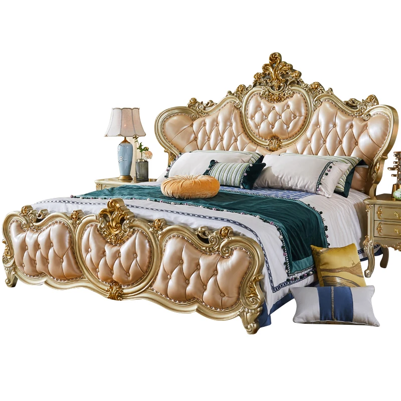 European style solid wood 1.8 meter master bedroom 2 meter king bed 2.2m widened Wedding Princess leather Villa Bed