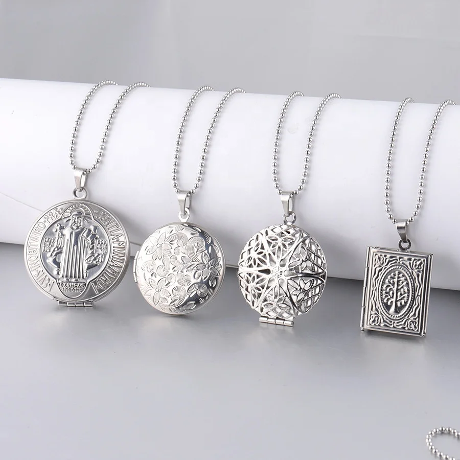 Hot style circular ellipse heart shaped beetle and book design locket necklace pendant stainless steel