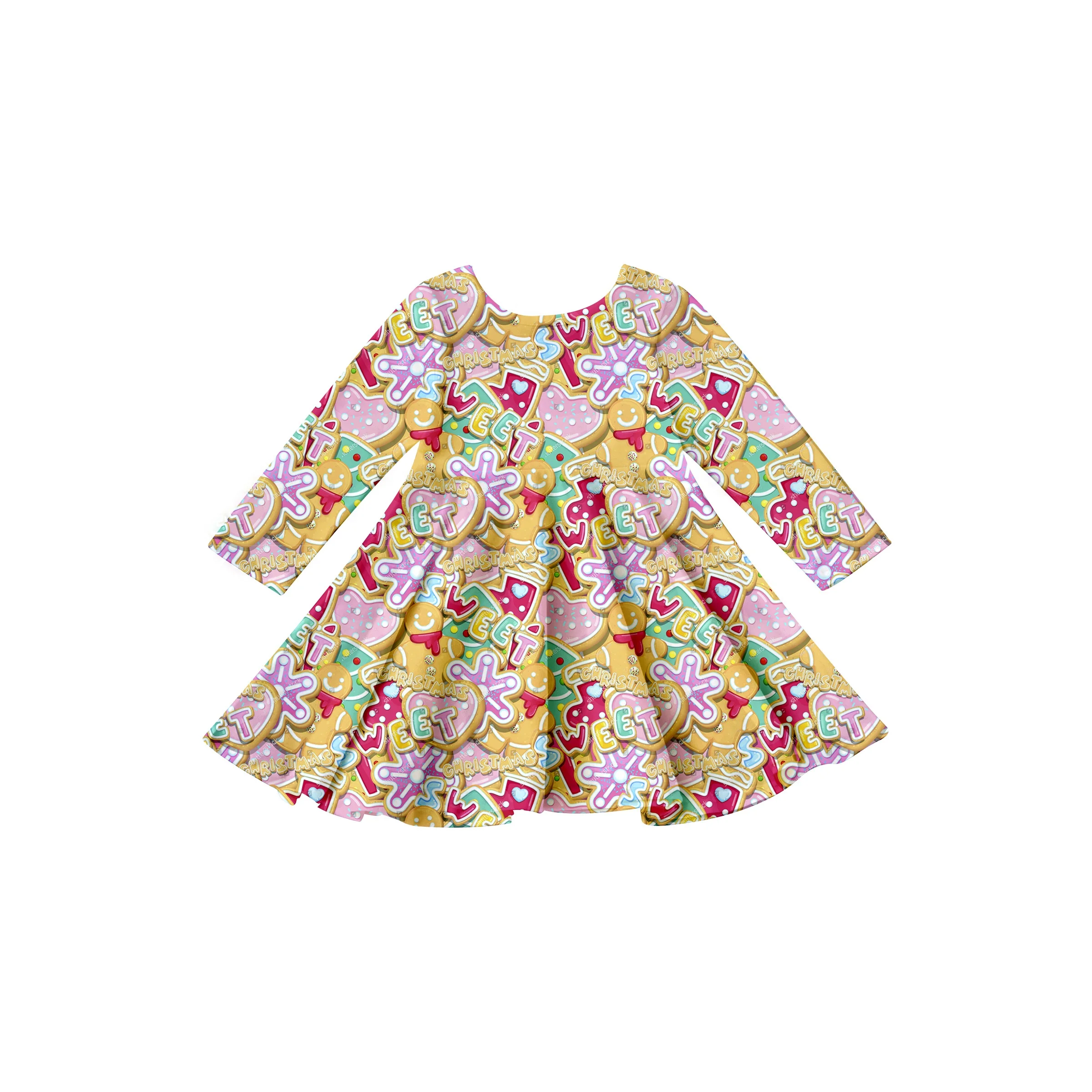 GIrlymax 2022 Christmas Gingerbread Truck Trees Twirl Long Sleeve Knee Length Dresses