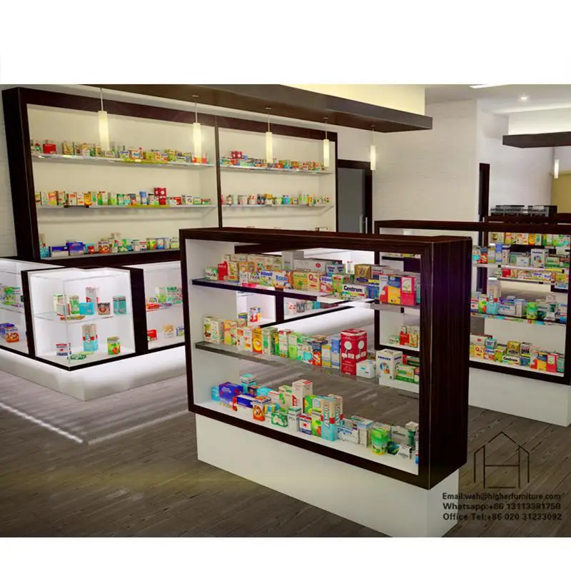 Wooden Medical Store Counter Pharmacy display wall Shelves