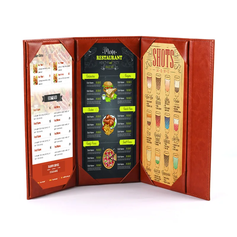 High-quality  Luxury and High Grade Restaurant Menu Folder PU Leather Folder Clip Hotel Menu Cover Guest Directory Custom Logo