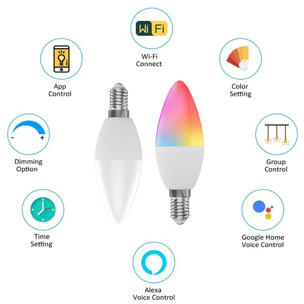 E14 RGB CW Tuya Zigbee 5w smart light bulbs Music Candle Light Bulb Compatible With Alexa Google home
