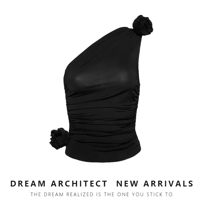 Modern Three-Dimensional Rose Flowers Knitted Vest Proud Visual Beauty with Slim Top and Slanted Shoulders Summer Cotton Vest