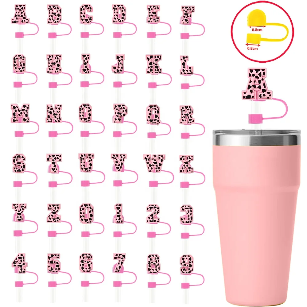 Custom 8mm Silicon Straw Topper New Leopard Print Letter Glow In The Dark Straw Topper Cover Charms Faith Straw Toppers