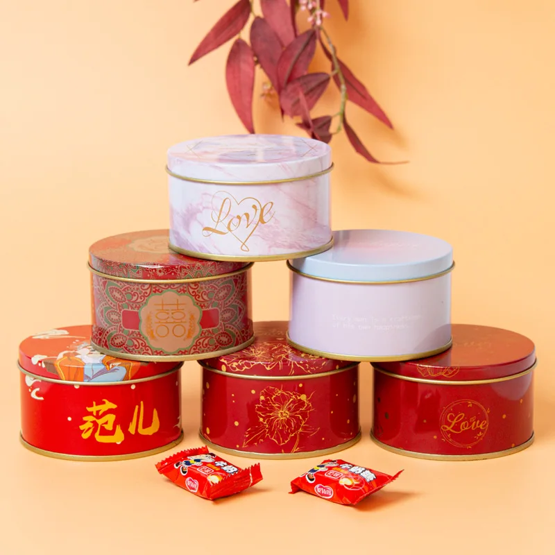 New arrival round tinplate wedding candy box printing small chocolate with souvenir candy packaging tinplate box