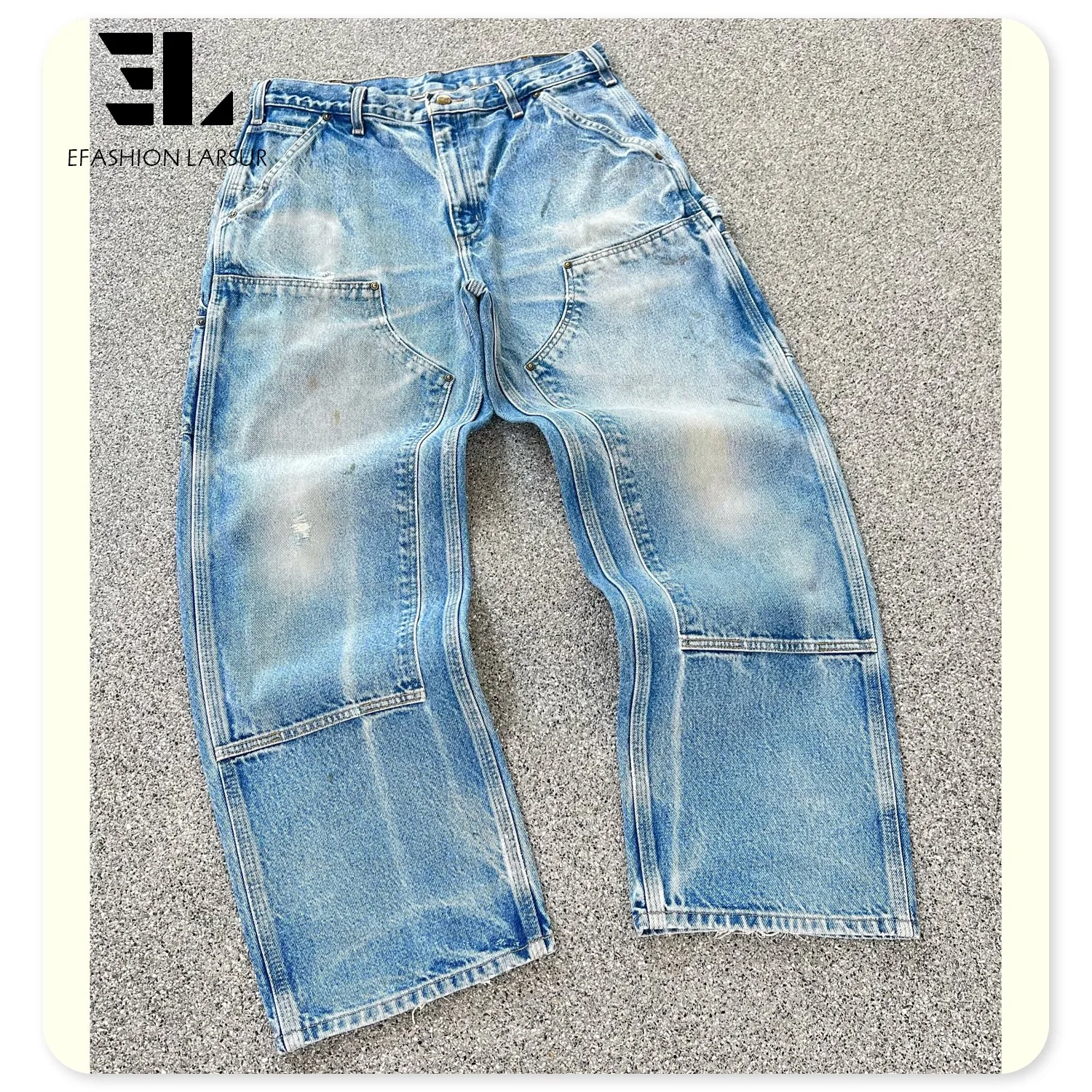 LARSUR Custom factory distress wash cotton twill canvas denim carpenter jeans tactical straight double knee carpenter work pants