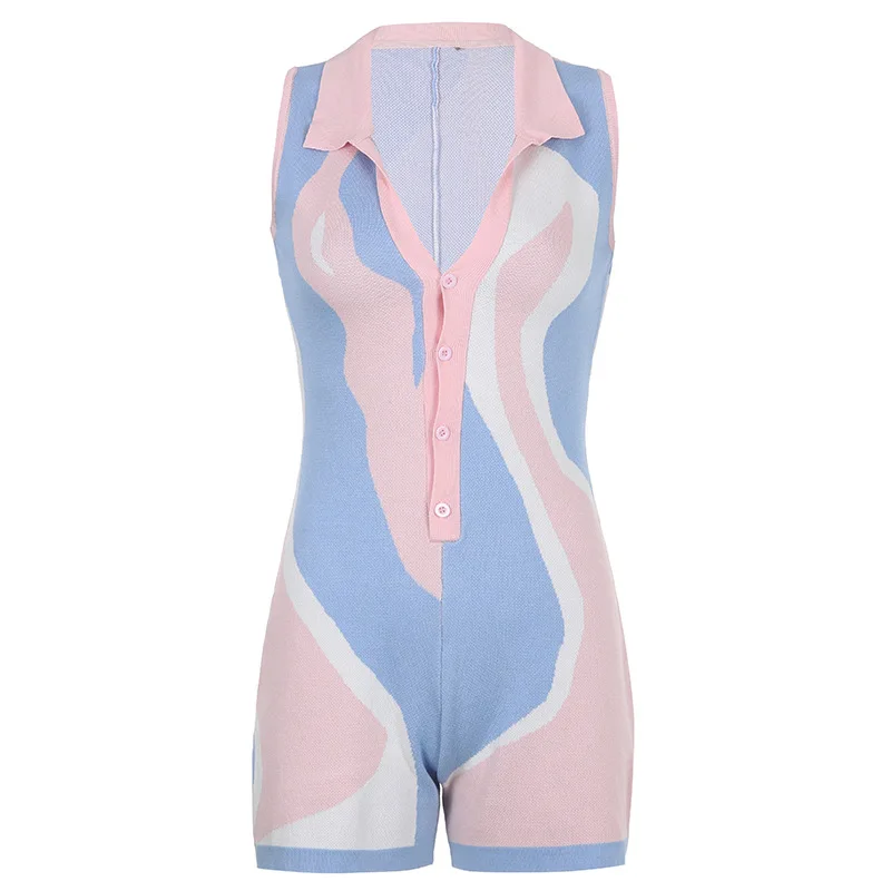 New trendy fall clothes rompers women ladies sleeveless v neck button knitted fitness print shorts jumpsuit