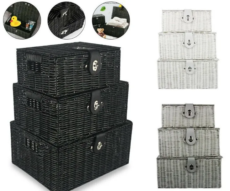 Woven Storage Basket Box Wicker Hamper Stackable Bin with Lid & Lock Built-in Carry Handles