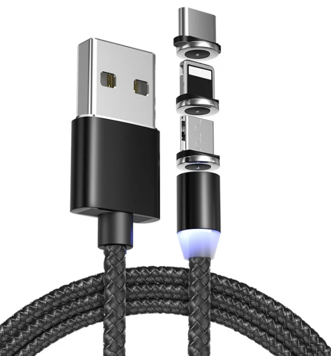 
Hot Sell 1M 3 in 1 Mobile Phone led magnetic charging cable 360 Degree Nylon Braided Micro USB Phone Data Line 