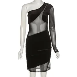 Spring One Shoulder Long Sleeve Dress Mini Dress Sexy See Through Mesh Velvet Black Plain Dress Ladies