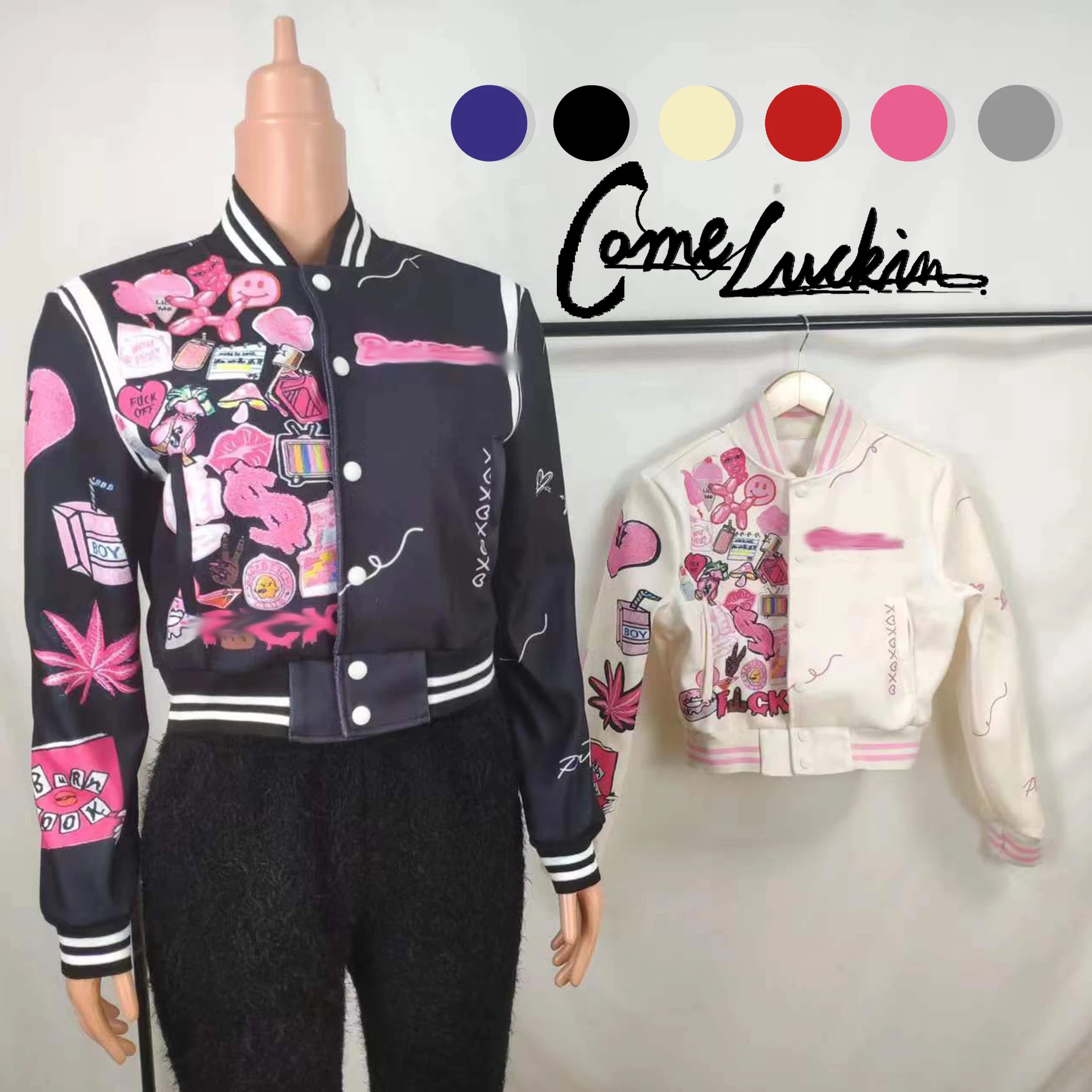 Весна 2023, Новое поступление, бейсбольная куртка, женская модная куртка с принтом, уличная куртка-бомбер с карманами для женщин