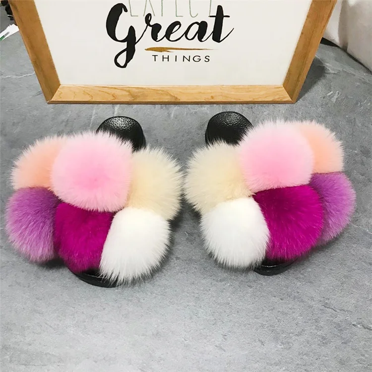 
custom logo indoor eva sole slide sandal colorful 100% fox fur slipper 