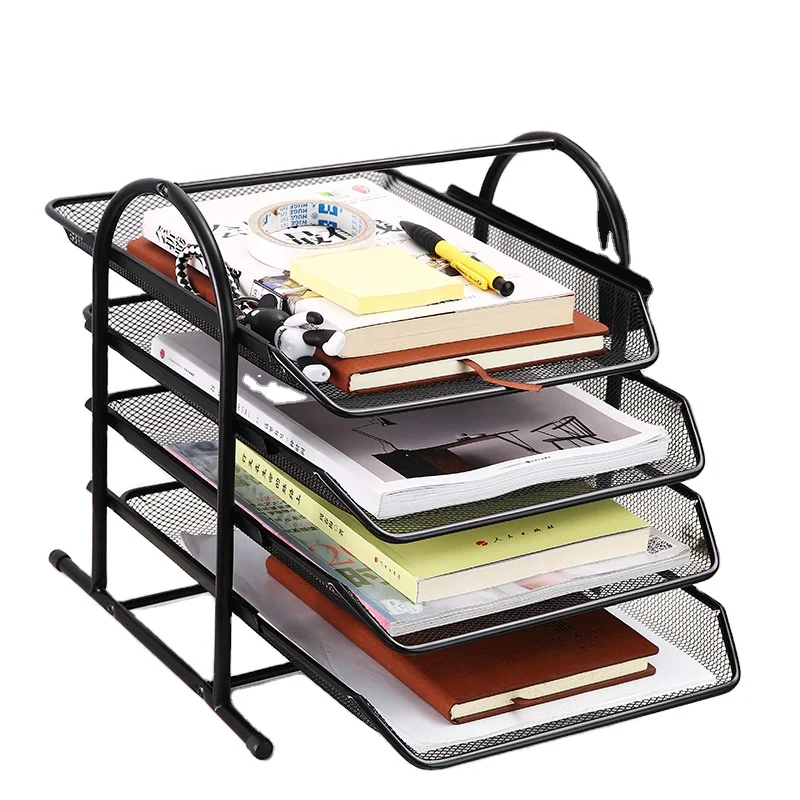 Office Desktop Mesh Storage A4 Paper File Tray 4 Tier Metal Black File Document Organizer File Paper Letter Tray Document Tray