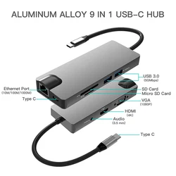 aluminum 9 in 1 usb c-hub multipoort adapter - for ipad pro 1 piece usb c to hd mi vga usb3.0 tf sd multiport adapter