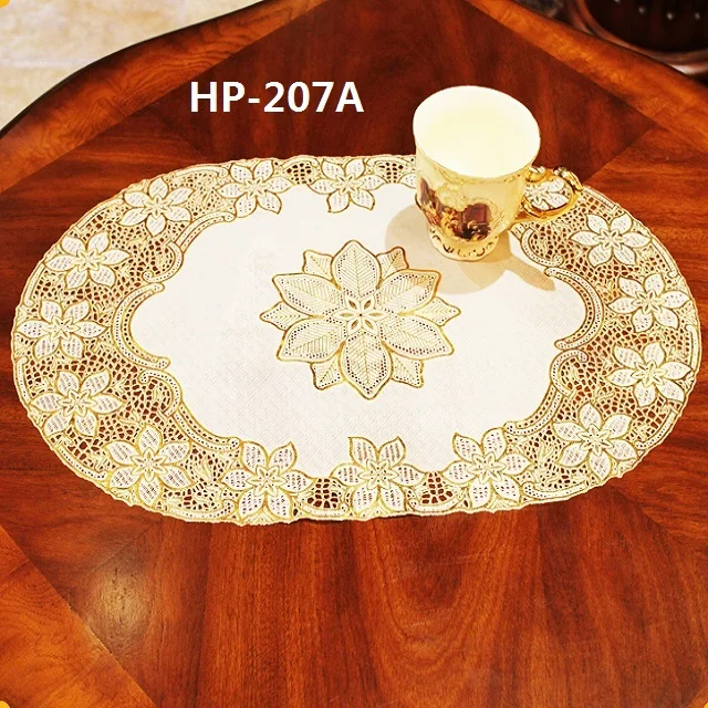 Oval /Rectangle oblong shape golden pvc lace placemats pvc dining table mat doilies 30*46 cm