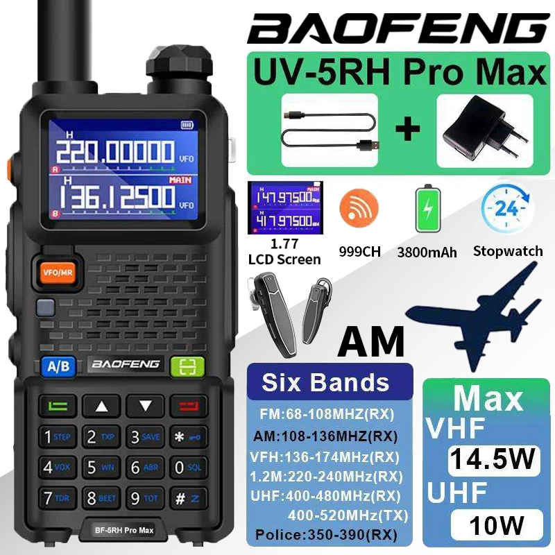 Baofeng UV-5RH Pro Max Air Band 14.5W 3800mAh AM FM Radio Six Band 65-520MHz UV-5RM Ham Radio Frequency UV-5RH Pro