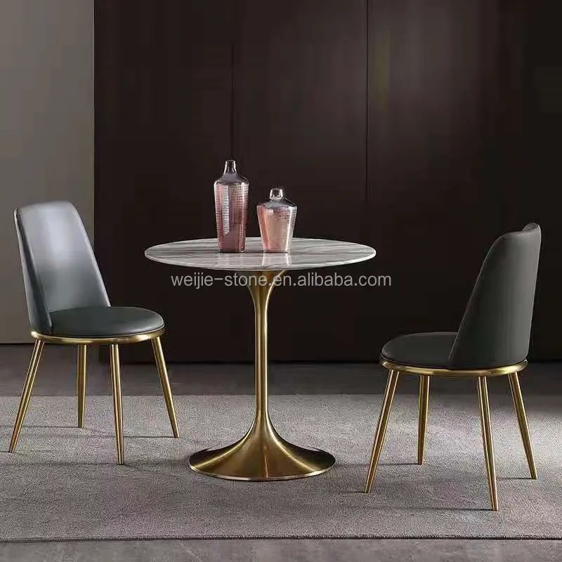 Mid Century Furniture Gold Leaf And White Marble Tulip Round Dining Table