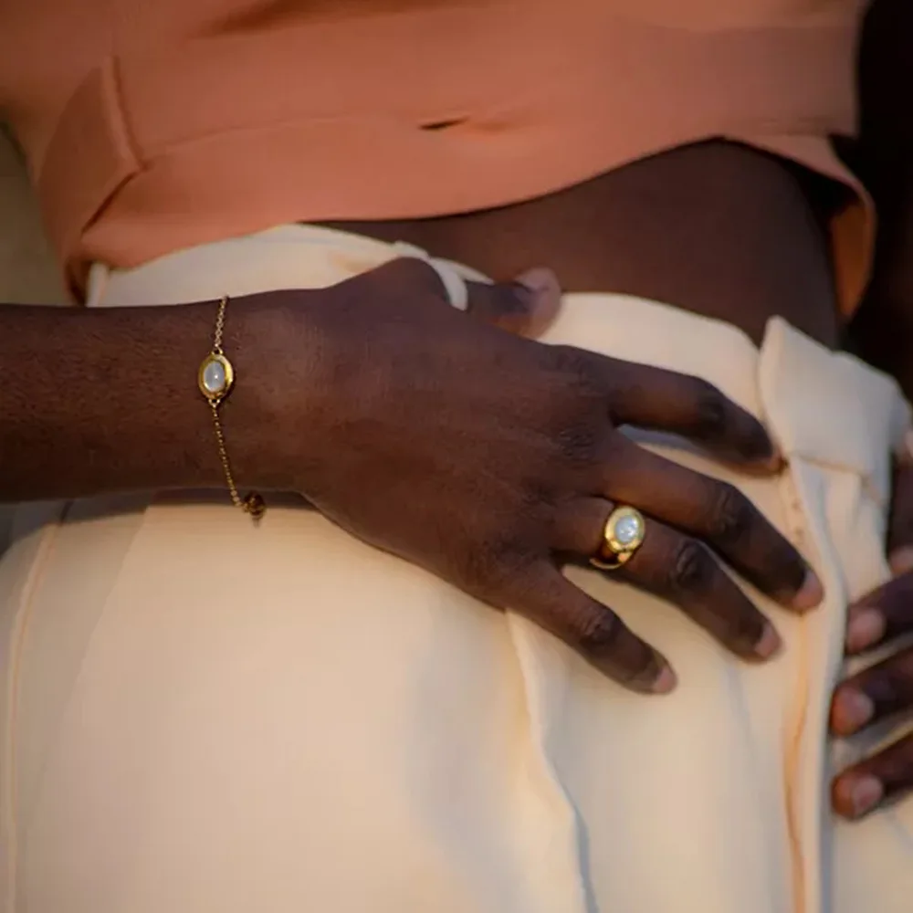 New design  18K Gold Plated Stainless Steel Jewelry Set Shape White Cat Eye Opal Stone Pendant Necklace