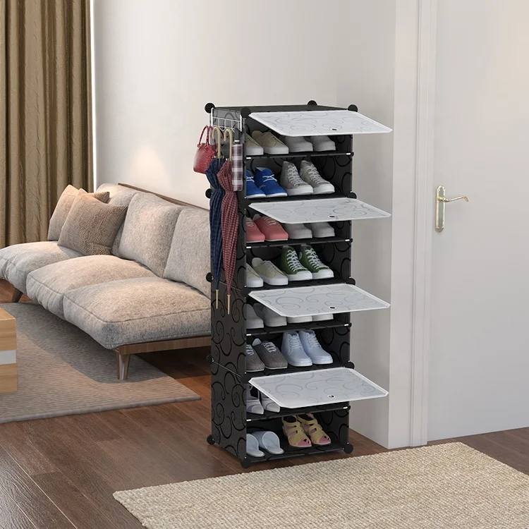 Front-opening transparent door 8 layer stackable cube storage plastic shoe rack for living room